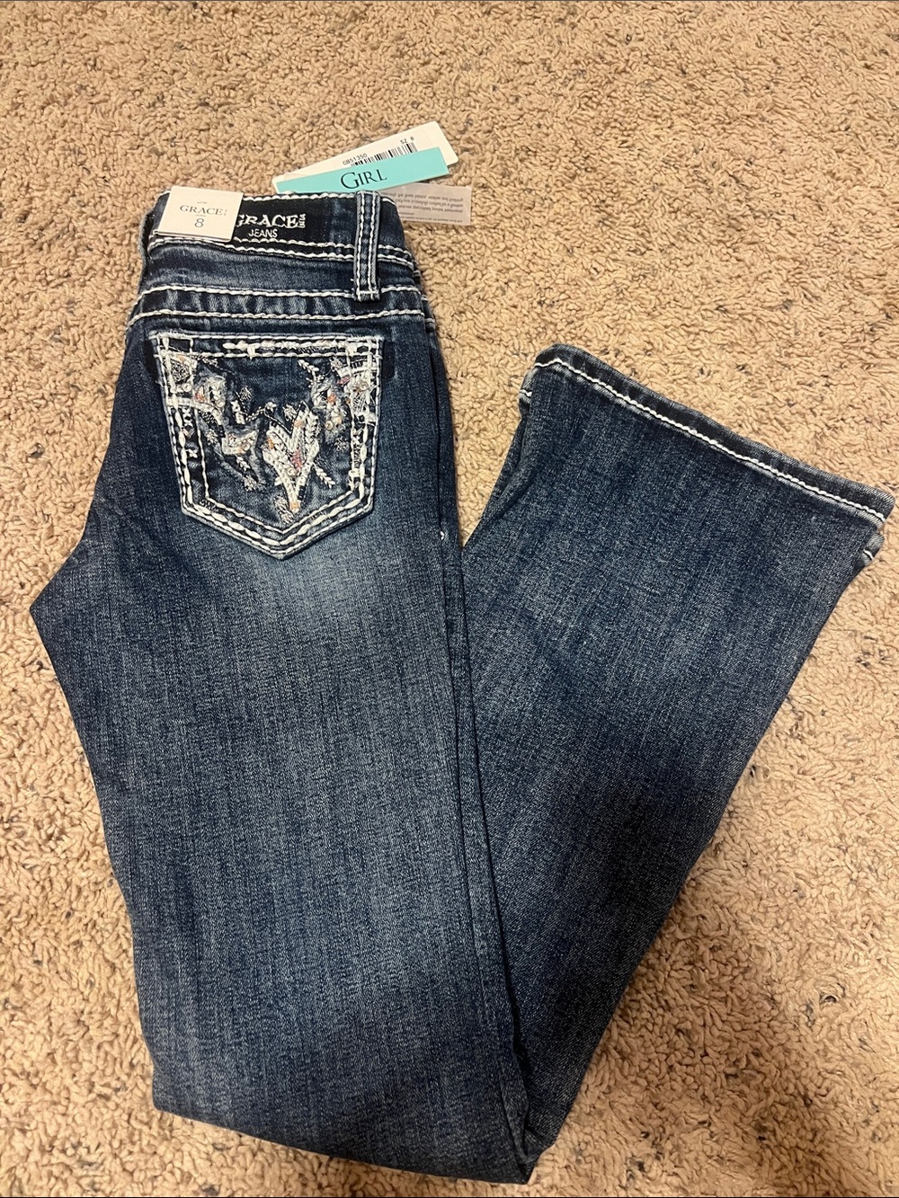 Grace in LA Dark Blue Girls' Embroidered Pocket Jeans